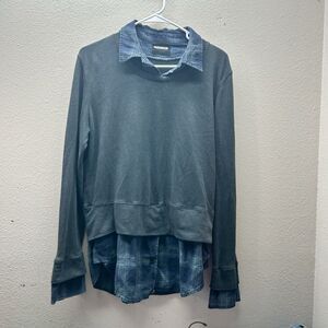 Monrow Cotton Linen Knit Long Sleeve Double Layer Top Sweater Preppy Grunge SZ M